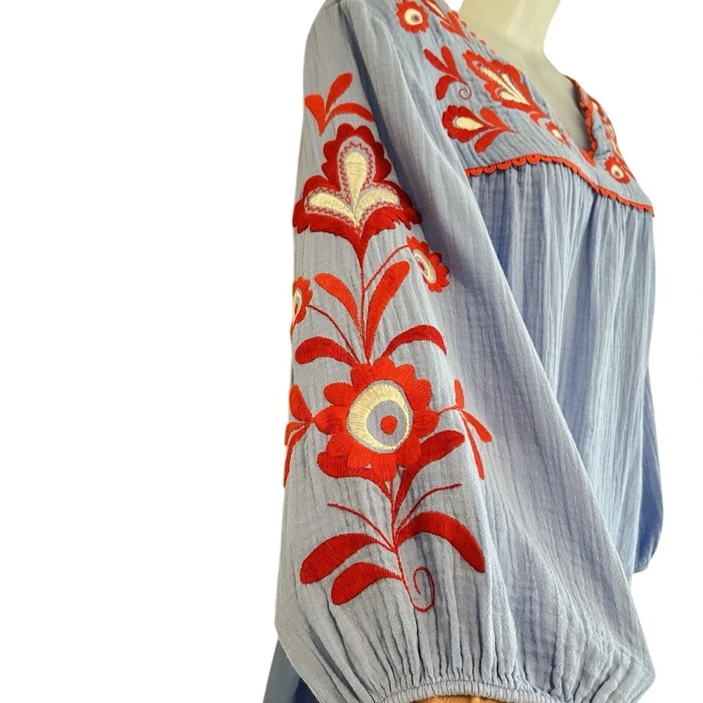 Boden Boho Embroidered Blouse Sz 12 Blue Red 3/4 Balloon Sleeve Cotton Peasant - Picture 4 of 13